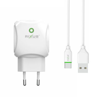 Bild von Rixus RX55C Fast Dual Charger 2.1A And Type C USB Cable 100CM White