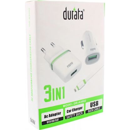 Bild von Durata 3in1 AC Adapter Car Charger USB Data Cable DRA3002